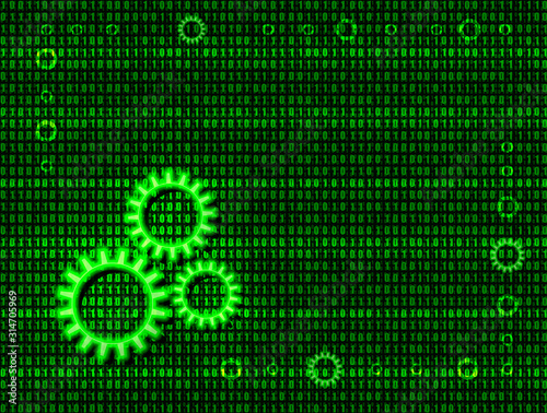 Vector Abstract Background, Binary Code Digital Art with Gears and Lights.