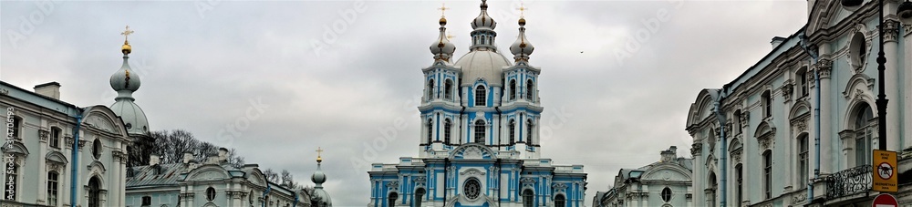 St. Petersburg, Russia, January 2020. Panorama of the Smolny Cathedral on a cloudy winter day