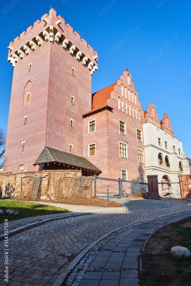 red brick tower reconstructed royal castle   in Poznan.