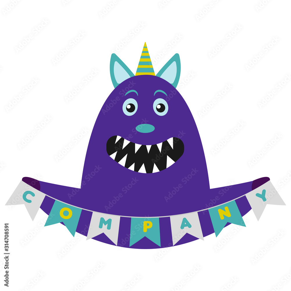 Monster Cartoon Logo. Children, Kid Party Logo. Happy, Smiling Monster Illustration is holding a party flag. Monster Cartoon Logo. Children, Kid Party Logo. Happy, Smiling Monster Illustration is holding a party flag.