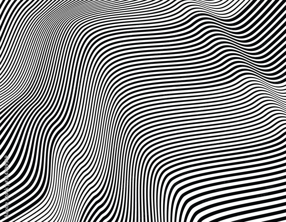 Abstract 3d background with optical illusion wave. Black and white horizontal lines with wavy distortion effect for prints, web pages, template, posters, monochrome backgrounds and pattern