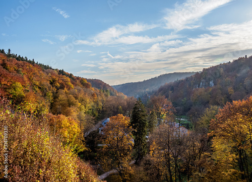 Autumn in Pradnik River Valley  elevated view  Ojcow National Park  Krakow-Czestochowa Upland or Polish Jurassic Highland  Lesser Poland Voivodeship  Poland