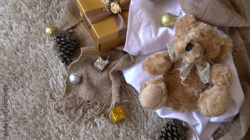 Gift and present laying on the carpet present the festive holiday.