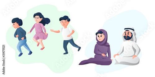 Arabic happy family, father and mother playing with their children. Young parents. Arab healthy couple cartoon characters vector illustration.