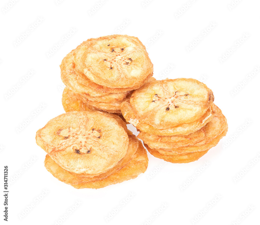 banana crisps isolated on white background banana crisps isolated on white background