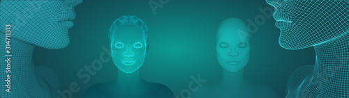 3d vector portrait of a beautiful young girl with hairstyle, set of angles on a green background