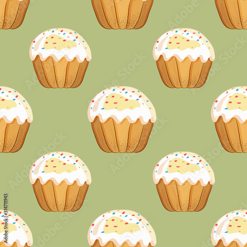 Seamless pattern with Easter cakes with sprinkles on an olive background