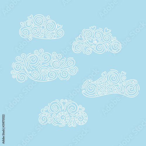 Oriental cloud ornament design with pen drawing line set. Vector on blue background.