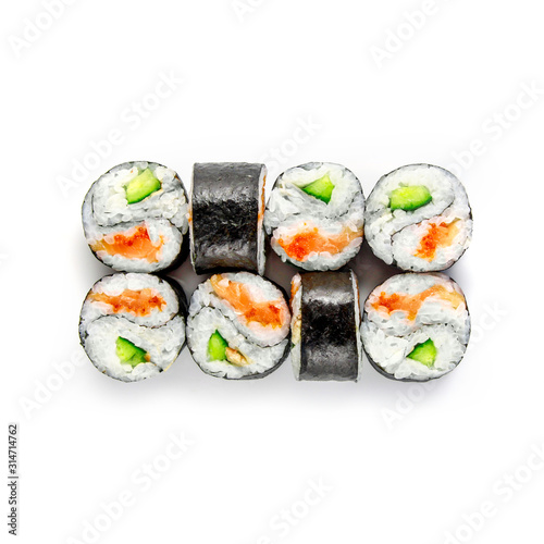 Sushi japanese roll set. Top view, isolated. salmon, cucumber, caviar.