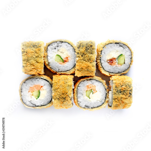 Sushi japanese roll set. Top view, isolated. Vegetables, cheese, fish, hot.