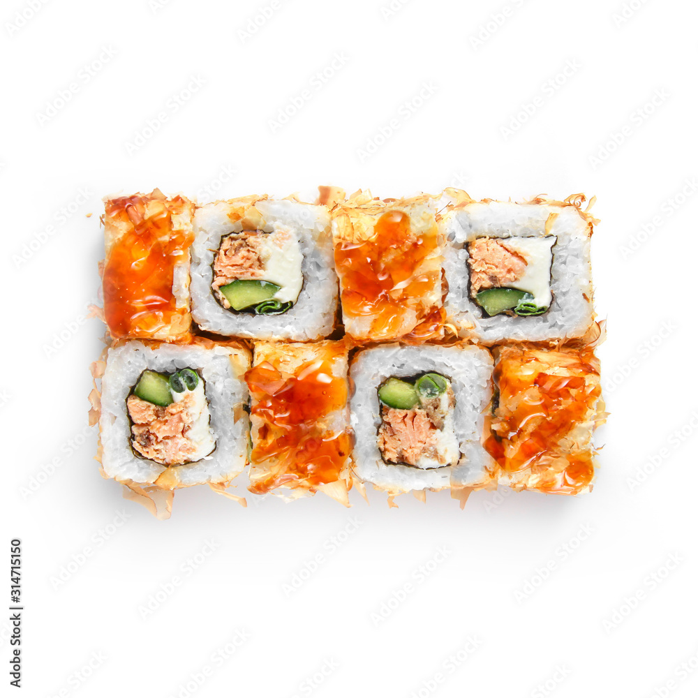Sushi japanese roll set. Top view, isolated. Fish, cheese, cucumber, sauce, tuna flakes. Sushi japanese roll set. Top view, isolated. Fish, cheese, cucumber, sauce, tuna flakes.