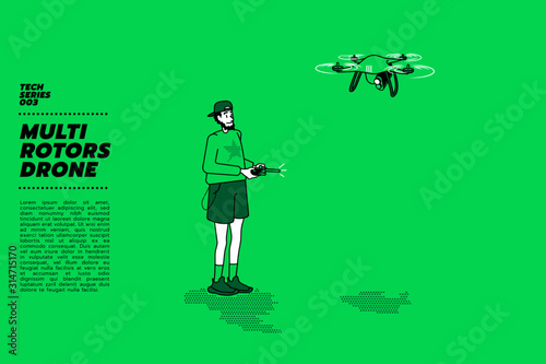 Vector illustration of a young man in casual wear holding flight controller and drone flying