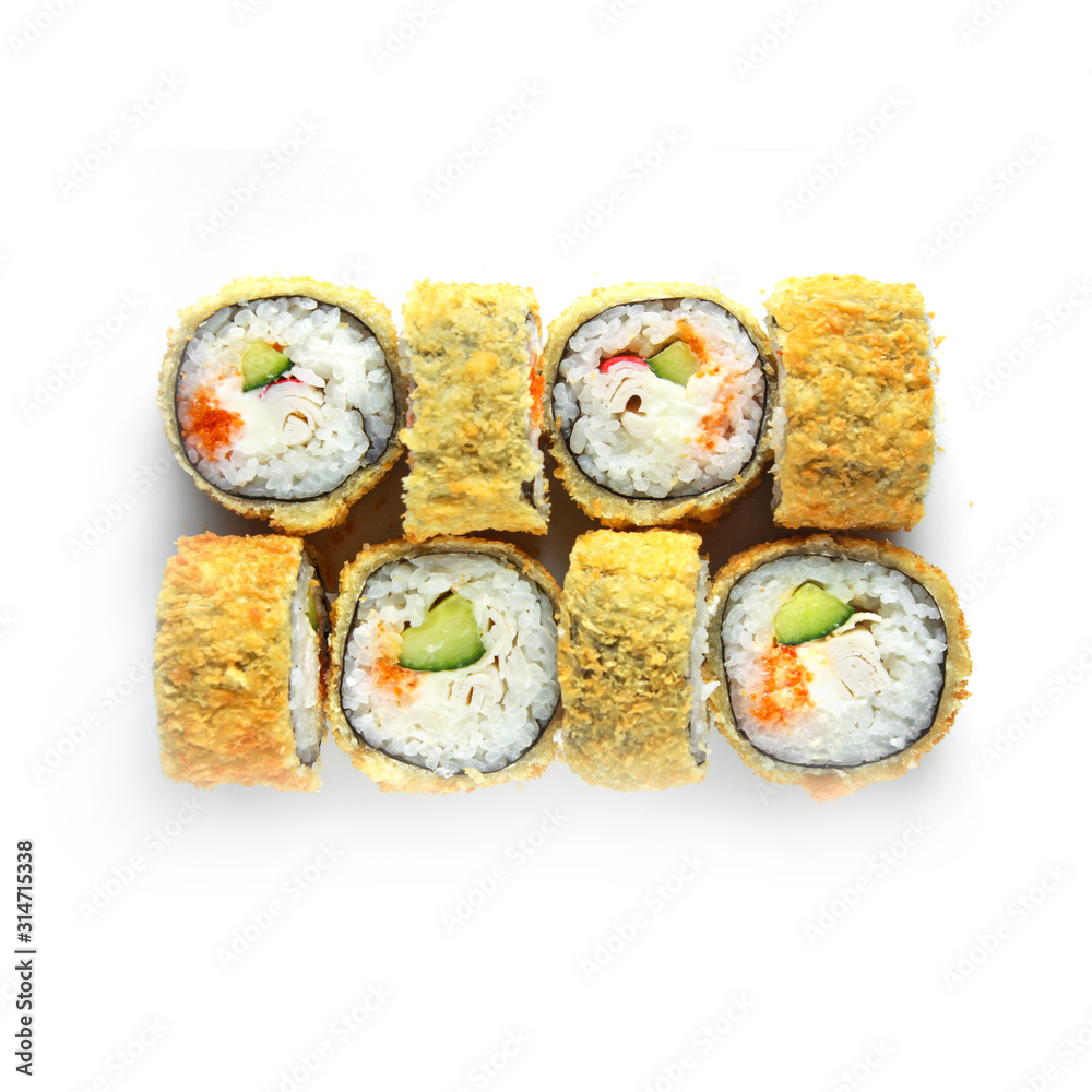 Sushi japanese roll set. Top view, isolated. hot, crunch, cucumber, crab, caviar, masago. Sushi japanese roll set. Top view, isolated. hot, crunch, cucumber, crab, caviar, masago.