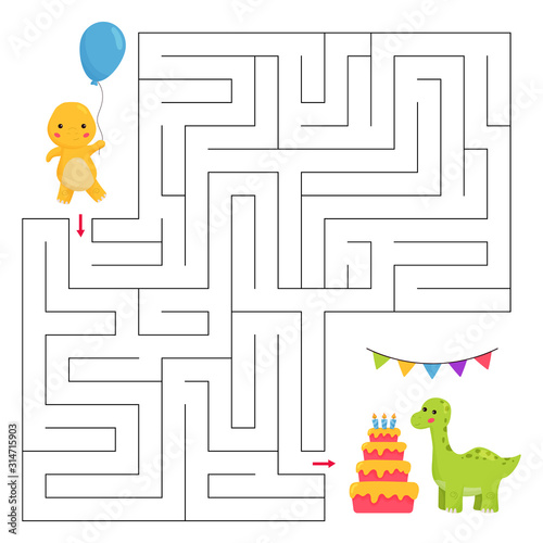 Educational maze game. Dinosaurs birthday party. Kawaii cartoon vector character. Help the T-rex find right way to his friend.