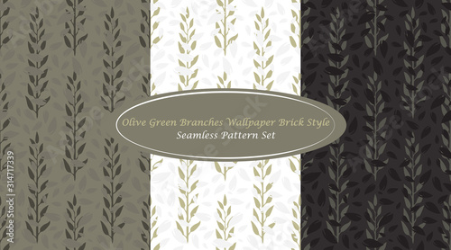 Olive Green Branches Wallpaper Brick Style Set Classic Abstract Seamless Repeating Pattern inspired by Greek Olives. Simple Elements combined with unique Olive Green Color Palette
