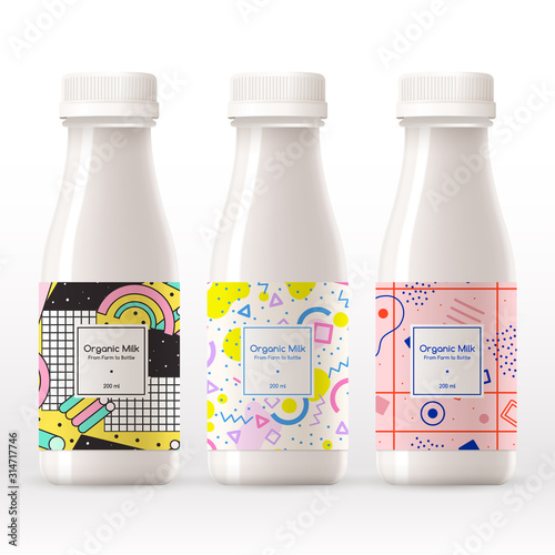 Organic milk bottle with abstract pattern on the label isolated on white background : Vector Illustration