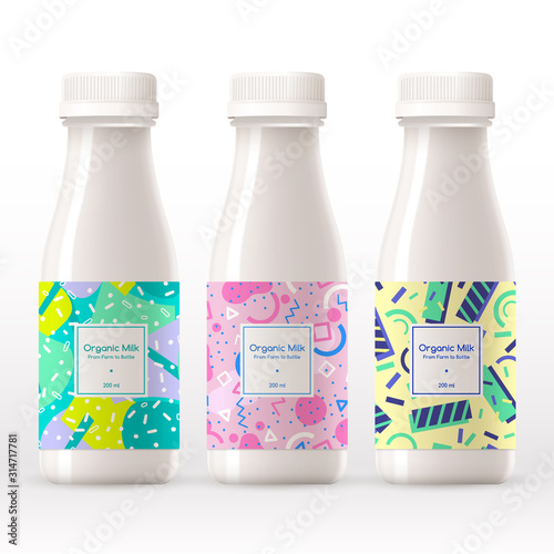 Organic milk bottle with abstract pattern on the label isolated on white background : Vector Illustration