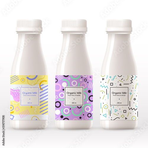 Organic milk bottle with abstract pattern on the label isolated on white background : Vector Illustration