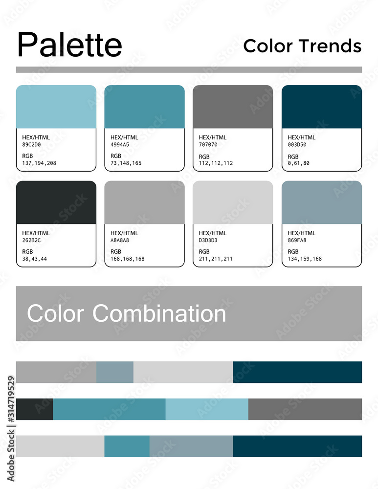 Color palette, harmonious combination, codes and names. Fashion colors for using in web, clothes, interiors and textiles