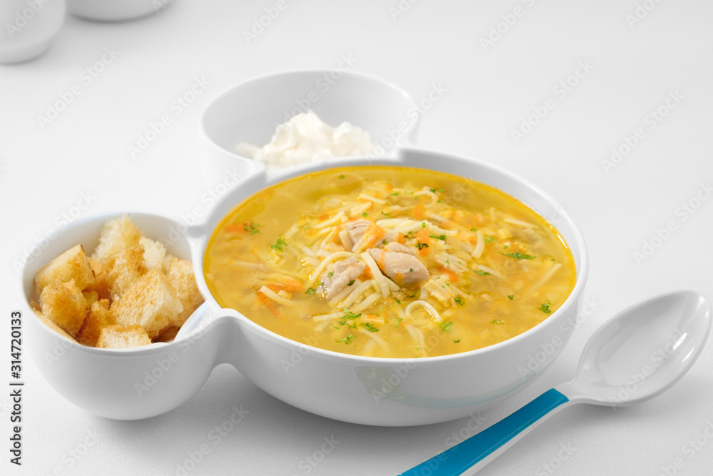 close up view of nice yummy russian noodle soup on white back close up view of nice yummy russian noodle soup on white back