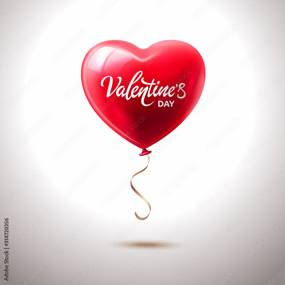 Valentines day greeting card with red heart shape balloon and lettering in white background. Vector illustration of a red gloss 3D heart balloon - Isolated. Vector illustration
