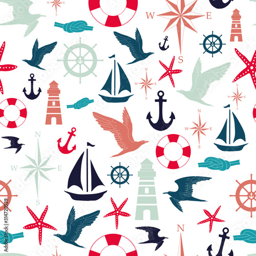Vector white and red nautical elements seamless pattern background