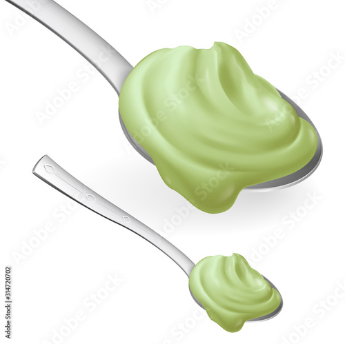 Spoon with Green Cream Concept of Teaspoon with Yoghurt or Sour Cream for Healthy Cooking or Baking and Confectionery. Realistic Style Trend Modern Foodie Logotype Graphic Simple Design Element