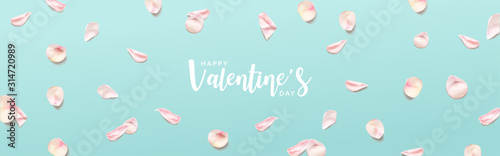 valentine's day banner. Pink rose petals on Green background. Realistic Vector illustration.