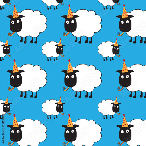 Cute seamless repeat pattern of sheep with party hat and blower.