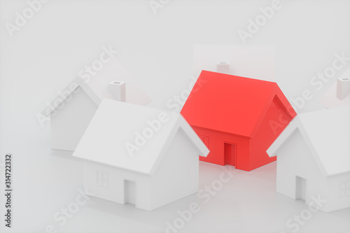 A small red house model surrounded by the white houses, 3d rendering.
