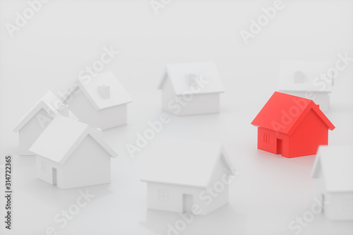 A small red house model surrounded by the white houses, 3d rendering.