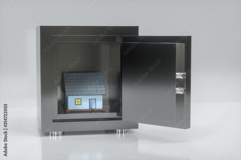 The small house model in the safe box, 3d rendering. The small house model in the safe box, 3d rendering.