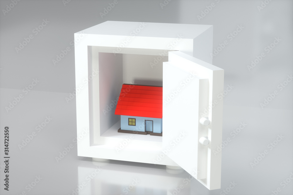 The small house model in the safe box, 3d rendering. The small house model in the safe box, 3d rendering.