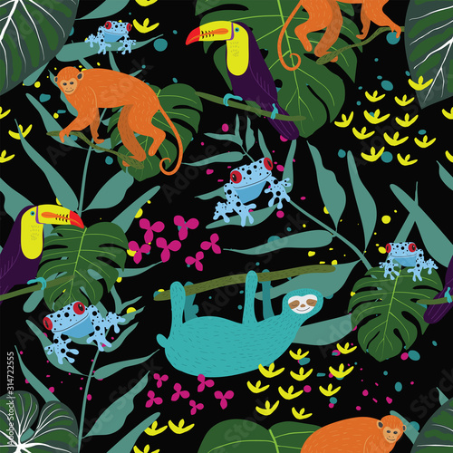 Rain forest tropical jungle pattern with colorful poison dart frogs, toucan, monkey, sloth and foliage.