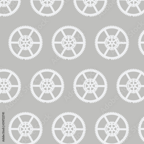 Seamless repeat vector pattern of steampunk gear wheels textured on grey background.