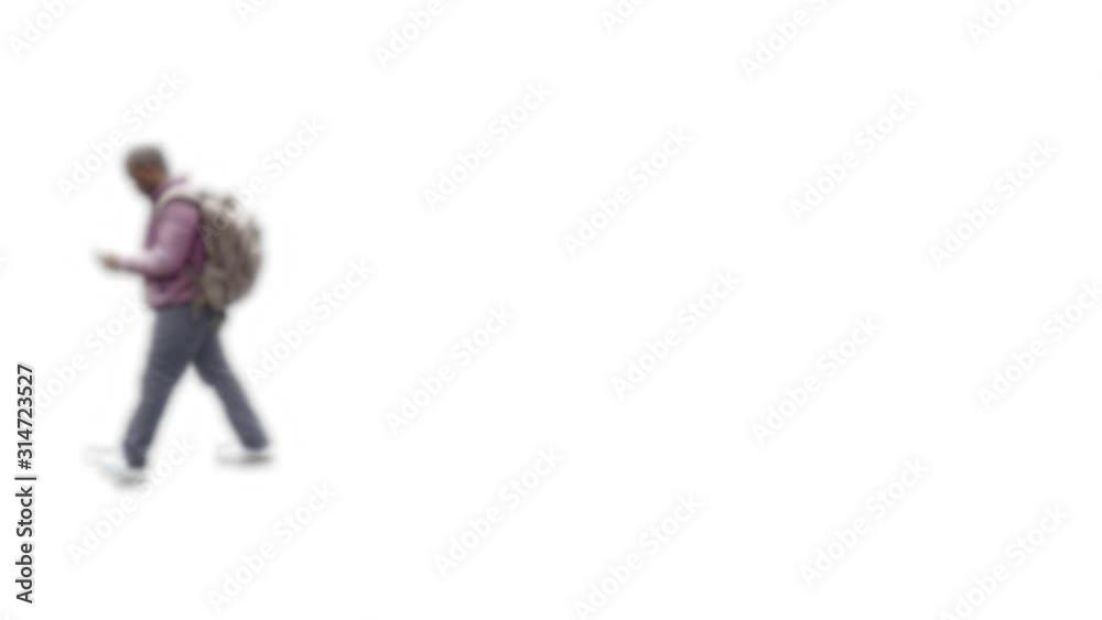 People walking and using a phone.  Pedestrians on a white background and blurred for anonymity using phones.