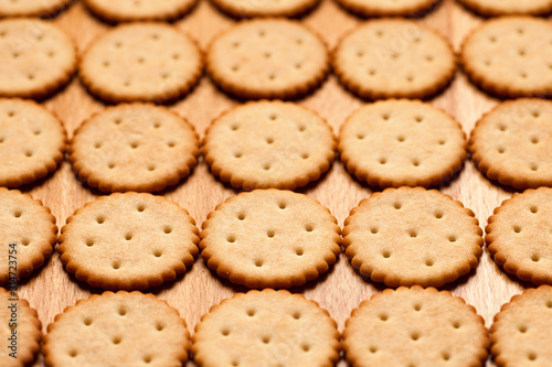 Background of round crackers on wooden table