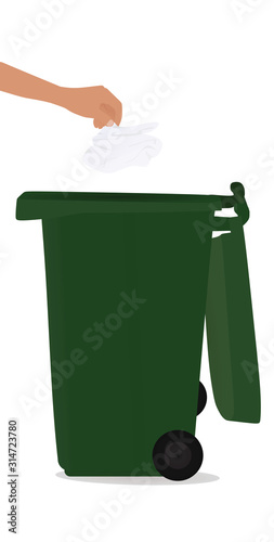 Hand throw paper to waste bin. vector illustration
