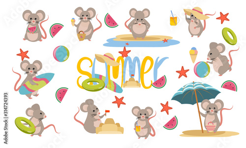 Fototapeta Naklejka Na Ścianę i Meble -  Set cute funny mice in the summer. Beach relax, games and surfing. The mouse and the rat. Children's Vector illustration