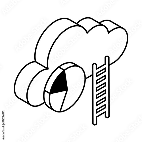cloud with stairs and pie chart on white background