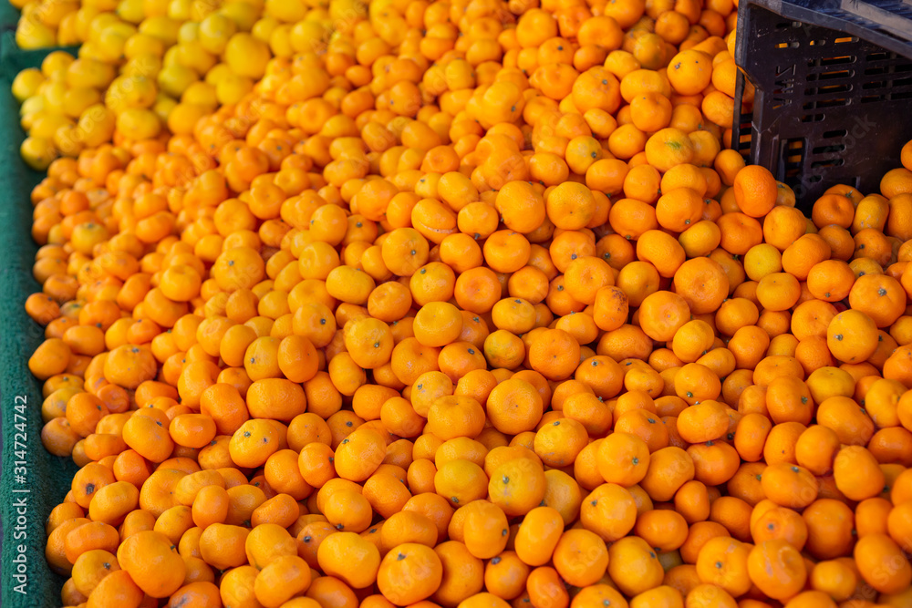 A view of a table full of Kishu mini mandarin citrus on display at a local farmers market.