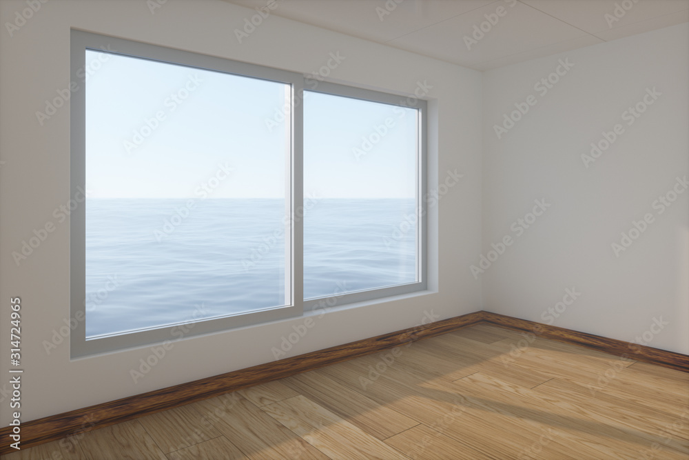 Fototapeta premium The empty room with wooden floor. Out of the window is the sea. 3d rendering.