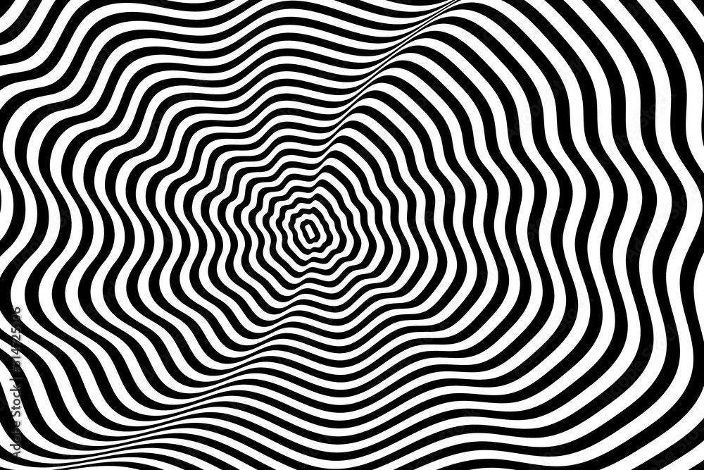 Vector abstract illustration of swirl pattern with smooth lines. Trendy background in op art style, optical illusion.