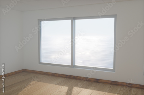 The empty room with wooden floor. Out of the window is the sea. 3d rendering.