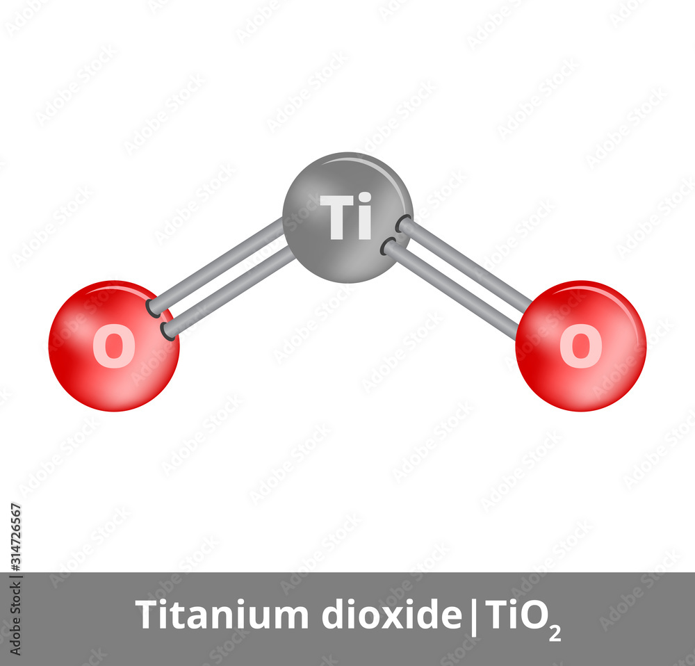Vector ball-and-stick model of titanium dioxide or titania molecule TiO2  consisting of titanium and oxygen. Structural formula used as a pigment  titanium white. Icon is isolated on a white background. Stock Vector