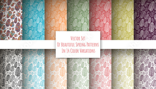 Vector set of beautiful spring seamless pattern in 14 color variations. Repeating wallpapers. Hand drawn illustration with abstract leaves. Texture design for surface, fabric and textile.