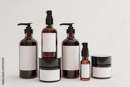 Skin and hair care beauty product mock-up, lotion bottle, oil, cream, isolated on white, 3d render, 3d illustration