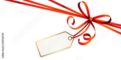 red colored ribbon bow with hang tag