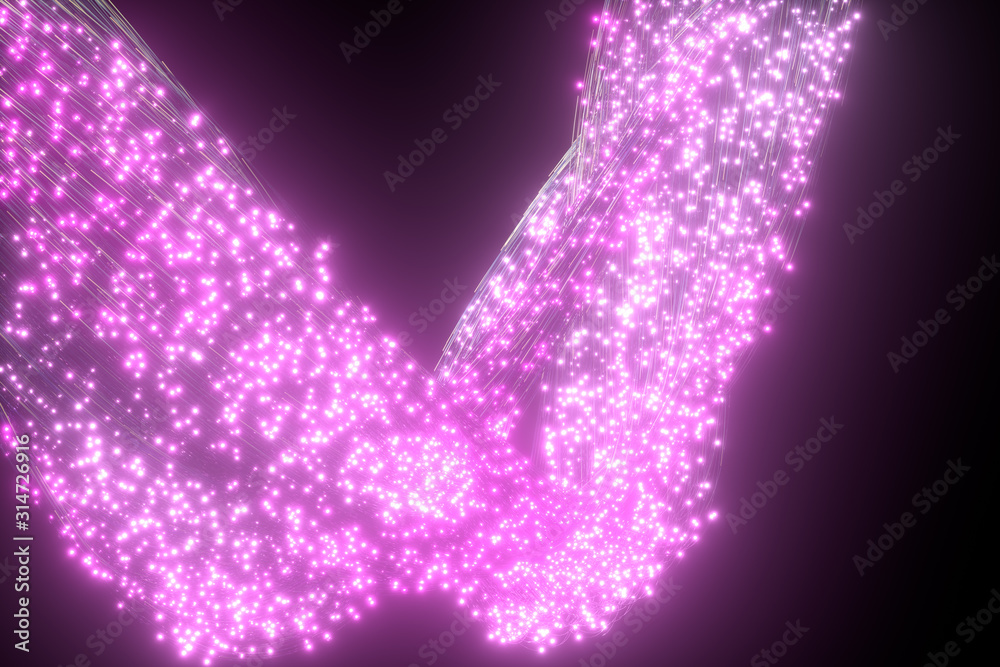 Glowing purple particles and motion lines, 3d rendering.