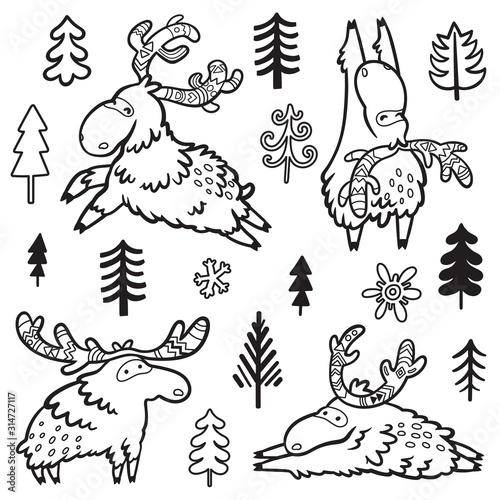 Childish illustration with deer, moose, elk in doodle style